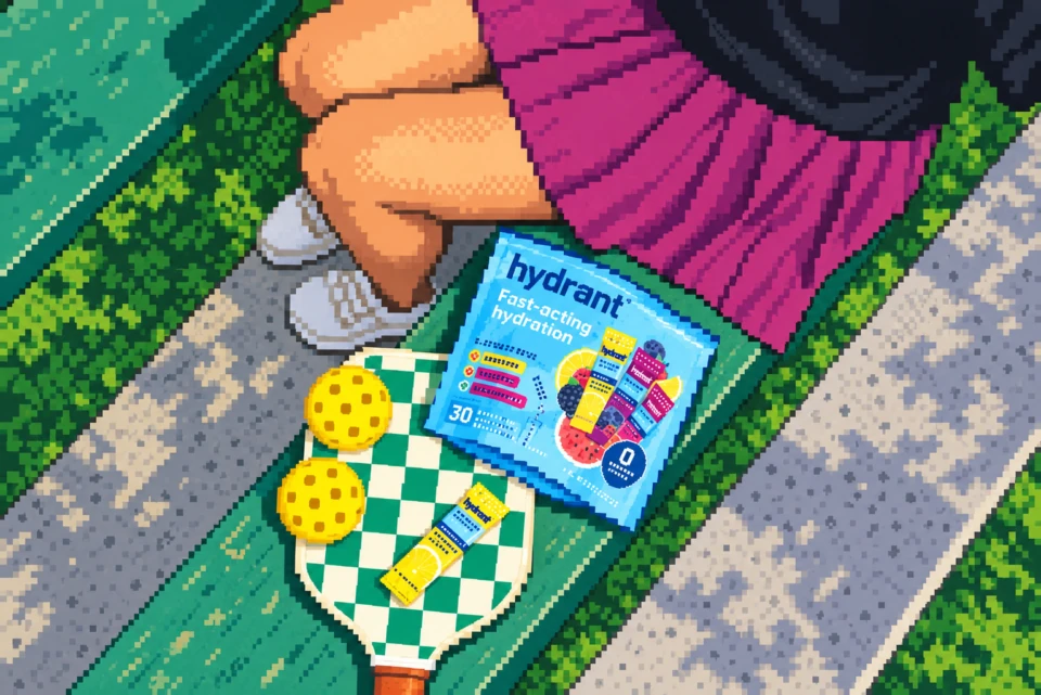 Pixel-art interpretation of Hydrant hydration products on a green bench with a checkerboard paddle and yellow pickleballs.
